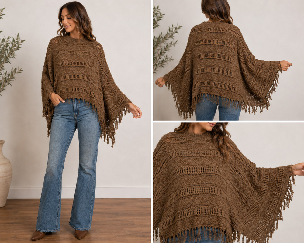 Womens One Size Brown Knit Pullover Shrug Fringe Boho Crochet Poncho Sweater